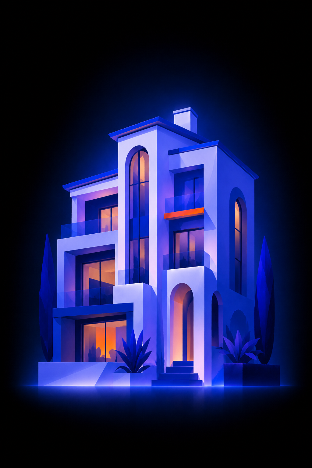Villa contemporaine illustr&eacute;e, fa&ccedil;ade &eacute;clair&eacute;e avec v&eacute;randa